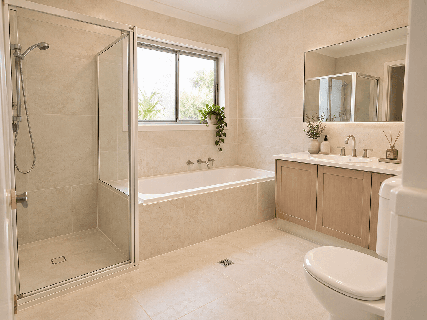 The same bathroom retiled in warm stone-look