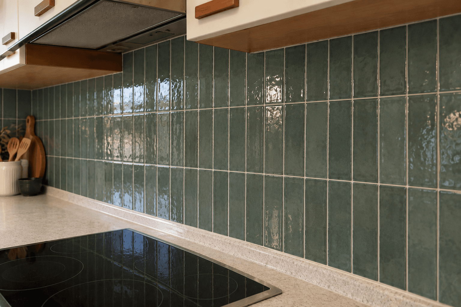 A kitchen splashback, retiled. Floral splashback out. Green gloss tile in a vertical stack. Cabinets, benchtop and cooktop kept.