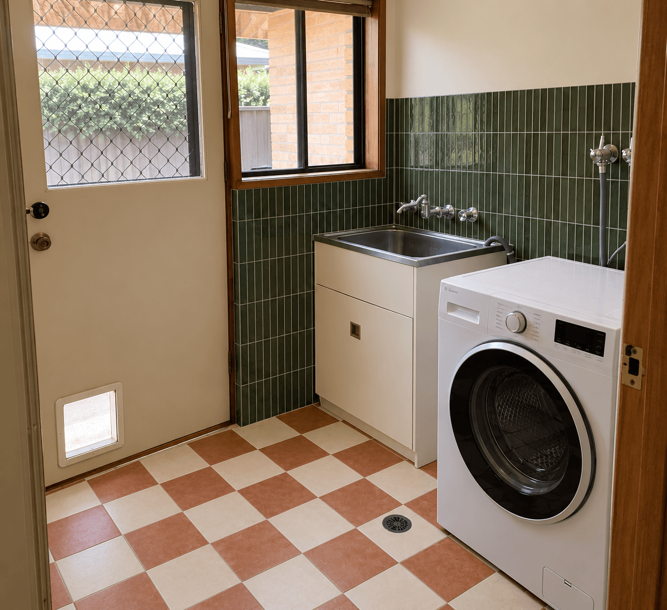 A laundry, retiled. Floral wall tile out. Green vertical stack on the walls, terracotta and cream checkerboard on the floor.